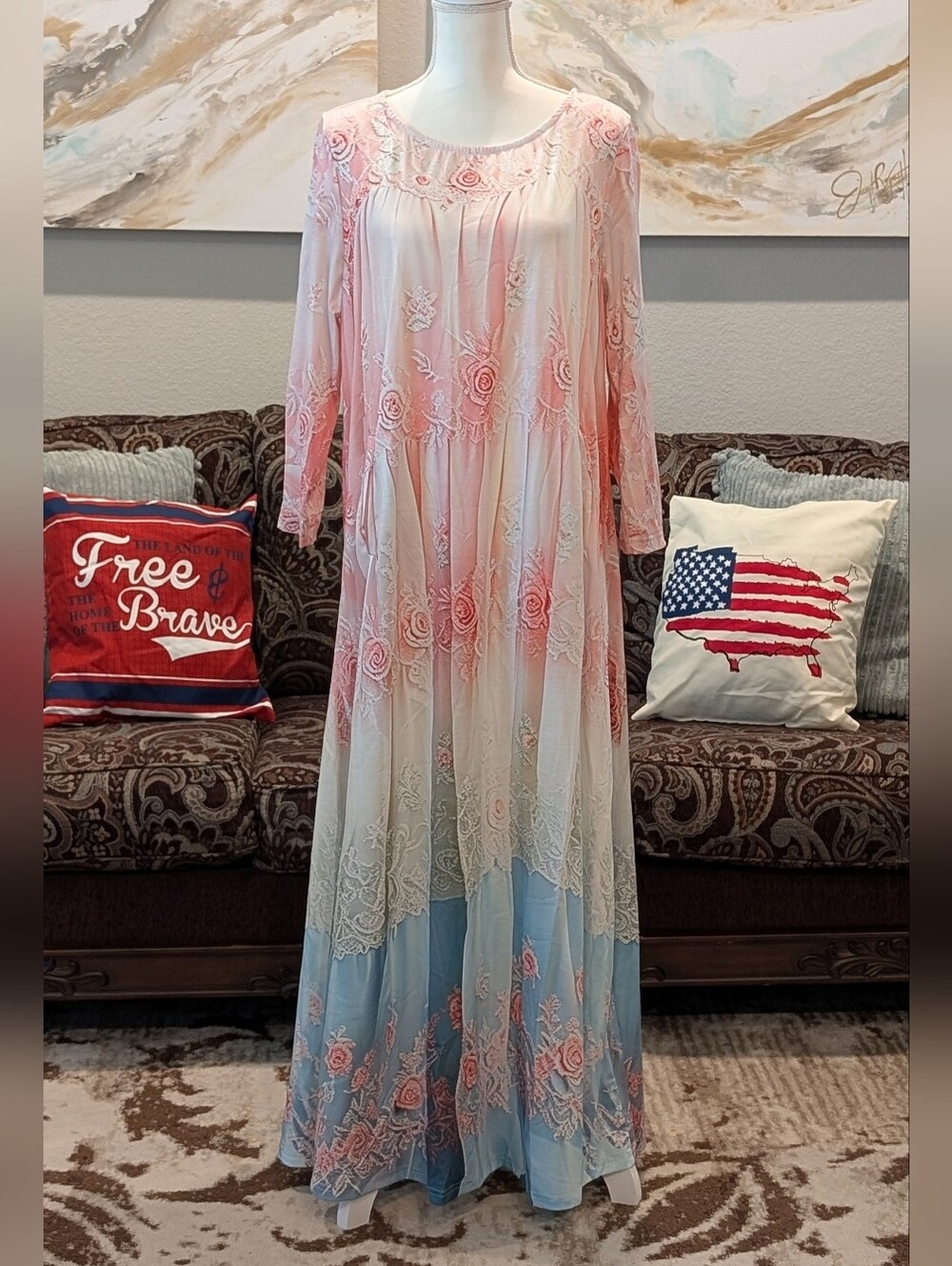 Boho Floral Ombre Maxi Dress in Pink, Cream & Blue